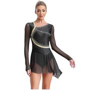 Aislor Vestido De Patinaje Artístico Mujer Maillot Brillante De Manga Larga Ropa De Baile Moderno para Fiesta Actuación Negro S
