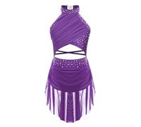 Aislor Vestido Lentejuelas De Baile Latino para Niña Leotardo Sin Espalda Traje De Actuación De Danza Lírica Body De Ballet con Falda Tul Maillot De Gimnasia Morado 11-12 años
