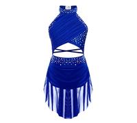 Aislor Vestido Lentejuelas De Baile Latino para Niña Leotardo Sin Espalda Traje De Actuación De Danza Lírica Body De Ballet con Falda Tul Maillot De Gimnasia Azul 11-12 años