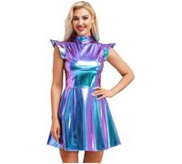 Aislor Vestido Metálico Brillante para Mujer Vestido Cuello Alto Manga Corta De Línea A Disfraces De Discoteca De Los Años 70 Traje De Fiesta Carnaval Azul XL