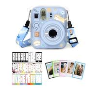 Aisnyho Funda transparente para cámara Instax Mini 13, funda protectora rígida con bolsillo para fotos, incluye bonitas correas de hombro y adhesivo para cámara, marco magnético de fotos + calcomanías