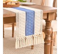 Aisybaklyn Algodón y Lino Caminos de Mesa 30X180cm Manteles de Mesa con Borla Estilo Campesino Manteles para Mesa Azul/Marfil Costuras Bicolores Decoración del Hogar Tejida de Granja