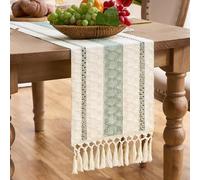 Aisybaklyn Tapete de Mesa Verde Salvia Boho 30x183 cm Camino Moderno Franjas Decorativas Borlas de Macramé Algodón y Lino para Cocinas Rústicas de Diario Decoración Hogar Comedor Boda