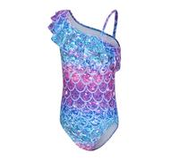 Aisyee Traje de baño de una pieza para niñas con un hombro y volantes, traje de baño floral hawaiano para niñas de 3 a 16 años, morado sirena, 13-14 años