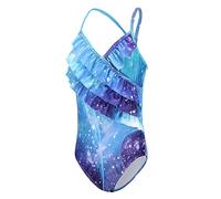 Aisyee Traje de baño de una pieza para niñas, traje de baño floral con volantes, Blue Cosmic, 13-14 años