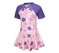 Aisyee Traje de baño para niñas, traje de baño de una pieza de manga corta, falda de traje de baño para niñas de 5 a 16 años, Floral Rosado, 15-16 años