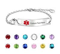 AITENME Pulsera de alerta médica para mujer, con piedra natal, grabada individualmente, pulsera de identificación de emergencia, acero inoxidable, cadena ajustable con colgante de corazón, joyería
