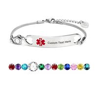 AITENME Pulsera de identificación médica de identificación médica para mujer con piedra de nacimiento de acero inoxidable, cadena de serpiente ajustable, pulsera de alerta médica, Mittelgroße, Gema