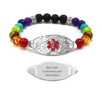 AITENME Pulsera de identificación médica personalizada para mujer, pulsera de 7 chakras para hombre, pulsera médica SOS, pulsera de emergencia, pulsera de salud, ajustable de acero inoxidable