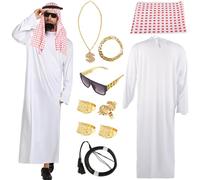 Aitsite Disfraz de jeque para hombre, disfraz de jeque árabe, túnica blanca árabe con pañuelo, sultán, disfraz de carnaval Dubai Regal Suit, anillo de dedos, collares, gafas de sol para fiesta,