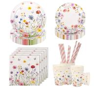 Aitsite Juego de 100 platos de fiesta de flores frescas, platos de fiesta de cumpleaños para 20 invitados, flores frescas para cumpleaños, vajilla de flores, juego de decoración para fiestas de