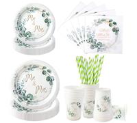 Aitsite Juego de 100 platos de papel para boda, platos de fiesta de eucalipto, color verde, desechables, con platos, servilletas, pajitas y vasos para cumpleaños, bodas, baby shower, decoración de