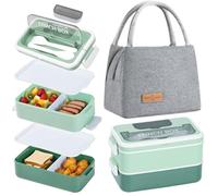 Aiuuee 1600 ml 2 Niveles Loncheras con Bolsa Isotérmica, Hermetica Lunch Box Sin BPA con Cubiertos, Concheras Bento Box Para Adultos para Oficina Trabajo Escuela(Verde)