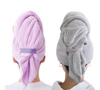 Aiuuee 2 Piezas Toalla Microfibra Pelo, Toalla Pelo Microfibra Anti Frizz, Toallas para Secar el Pelo Largo con Botones, Suave y Absorbente Turbante para Pelo Largo, Rizado y Grueso(Púrpura+ Gris)