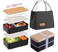 Aiuuee Fiambrera Lunch Box Kit, 1400 ml fiambrera con bolsa térmica porta almuerzo y cubiertos, 2 compartimentos Bento Box para microondas lavavajillas, hermética comida para adultos oficina (negro)