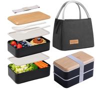 Aiuuee Lunch Box Set, 1400 ml fiambrera con bolsa térmica porta almuerzo y cubiertos, Bento Box microondas hermética, para adultos, niños, picnics, oficina, (negro)