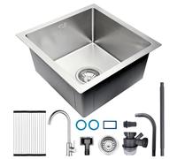 AIVANOTO 38 x 38 cm 1 lavabo fregadero de cocina, pequeño fregadero individual, con grifo, escurridor, desagüe empotrado, fregadero de acero inoxidable, montaje bajo el árbol, superficie resistente a