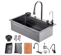 AIVANOTO Fregadero de cocina con cascada de 85 x 50 cm, negro, XL, grande, rectangular, acero inoxidable, con sifón, desagüe, fregadero de cocina, 1 lavabo de cocina, a ras de superficie