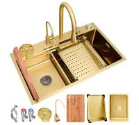 AIVANOTO Fregadero de cocina con cascada dorado, 80 x 50 cm, con grifo extensible, lavabo pequeño, fregadero de tazas, juegos de drenaje, fregadero de barra de cocina de acero inoxidable, fregadero