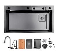 AIVANOTO Fregadero de cocina con cascada negro, 85 x 50 cm, 1 lavabo de cocina rectangular de acero inoxidable, con grifo extraíble, lavabo pequeño, fregadero de tazas, juegos de desagüe, fregadero de