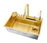 AIVANOTO Fregadero De Cocina Dorado, Fregadero De Cocina De Acero Inoxidable con Cascada, Lavabo Integrado, con Grifo Extraíble, Lavavasos, Juegos De Desagüe, para Montaje Superior(75x45x22cm)