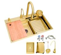 AIVANOTO Fregadero De Cocina En Cascada Dorado, con Grifo Extraíble, Lavabo Pequeño, Lavavasos, Kits De Drenaje, Fregadero De Barra De Cocina De Acero Inoxidable, Fregadero Grande(Gold,75x45x21cm)