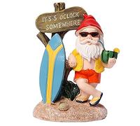 Aiwjeakh Divertidas figuras de gnomo de resina con letrero de bienvenida de tabla de surf It's 5 O'Clock Somewhere, estatua para decoración del hogar, jardín y patio
