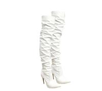 aixizi Botas largas, Botas Rectas por Encima de la Rodilla para Mujer, tacón Alto Puntiagudo, Cremallera Lateral, Botas Finas Plegables por Encima de la Rodilla, Botas Impermeables,Blanca,37 EU