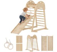 AIYAPLAY 6 en 1 Triángulo de Escalada Montessori, Estructura de Escalada de Madera con Plataforma, Anillos y Tobogán, para Deslizarse o Escalar, para Niños de 18-48 Meses, Interiores, Natural