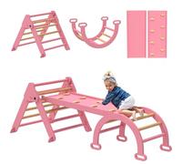 AIYAPLAY 7 en 1 Triángulo de Escalada Montessori con Arco y Rampa, Escalada para Niños de Madera Plegable, para 18-48 Meses, para Deslizarse o Escalar, 188x70 cm, Rosa