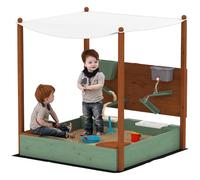 AIYAPLAY Arenero con techo, 116 x 112,5 cm arenero de madera Arenero con asiento, 2 recipientes, juguetes de arena y agua, cubo con grifo para niños de 3 a 6 años Verde