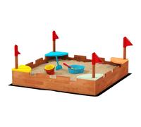 AIYAPLAY Arenero de madera para niños de 3-7 años con asientos, banderas, sin fondo, tema de muralla, 90 x 90 x 17 cm, marrón