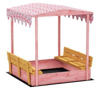 AIYAPLAY Arenero para Niños 3-6 Años con Toldo de Flamencos, Asientos Plegables, Tapa y Forro Incluidos, Arenero Infantil de Madera de Abeto, 134.5x127.5x130 cm, Rosa