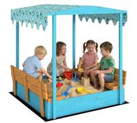 AIYAPLAY Arenero para niños de 3 a 6 años con techo de dinosaurios, asientos plegables, tapa y forro incluido, arenero para niños de madera de abeto, 134,5 x 127,5 x 130 cm, azul