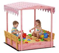 AIYAPLAY Arenero para niños de 3 a 6 años con techo de flamencos, asientos plegables, tapa y forro incluido, arenero para niños de madera de abeto, 134,5 x 127,5 x 130 cm, rosa