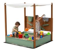 AIYAPLAY Arenero para Niños de Madera con Techo, Arenero Infantil con 2 Asientos, 2 Cajas, Grifo, Embudo, Caja de Arena para Niños de 3-6 Años, para Patio, Jardín, Balcón, 116x112,5x128 cm, Verde