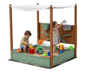 AIYAPLAY Arenero para Niños de Madera con Techo, Arenero Infantil con 2 Asientos, 2 Cajas, Grifo, Embudo, Caja de Arena para Niños de 3-6 Años, para Patio, Jardín, Balcón, 116x112,5x128 cm, Verde