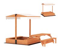 AIYAPLAY Arenero para Niños de Madera con Toldo Ajustable Mesa de Picnic con Bancos 6 Niños de 3-8 Años 184x110x120 cm Marrón
