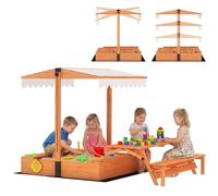 AIYAPLAY Arenero para Niños de Madera con Toldo Ajustable, Mesa Plegable de Picnic con Banco, Arenero Infantil con Asientos, Cubierta, para 6 Niños 3-8 Años, para Patio, Jardín, 184x110x120 cm, Marrón