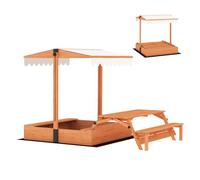 AIYAPLAY Arenero para Niños de Madera con Toldo Ajustable, Mesa Plegable de Picnic con Banco, Arenero Infantil con Asientos, Cubierta, para 6 Niños 3-8 Años, para Patio, Jardín, 184x110x120 cm, Marrón