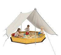 AIYAPLAY - Bandeja de arena de madera con toldo, bandeja de arena infantil exterior con 4 bancos, forro de fondo, zona de juegos al aire libre para 8 niños de 3 a 6 años, color amarillo