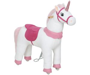 AIYAPLAY Caballo para niños, diseño unicornio, tapizado de tela, armazón estable, ruedas suaves, caballo balancín, 3-5 años, Blanco Aosom España