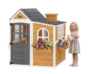 AIYAPLAY Cabaña Infantil de Madera para Exterior e Interior, Casa de Juegos con Puerta, Ventanas, 3 Contenedores de Flores, Resistente a la Intemperie para Niños de 3-6 Años, 125,5x119x126cm