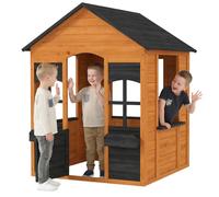 AIYAPLAY Cabaña infantil exterior de madera, casa infantil exterior con media puerta, ventanas, contenedores de flores, dueña de juego para 3-8 años, juego imaginativo, 110,6 x 106,6 x 138 cm, marrón