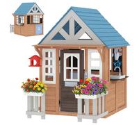AIYAPLAY - Cabaña infantil exterior de madera, casa infantil exterior e interior con cota, cocina de juego, buzón, timbre, nido y valla, para 2-5 años, 165x116,5x163,5cm, marrón