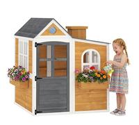 AIYAPLAY Cabaña infantil exterior de madera, casa infantil exterior e interior con puerta, ventanas, 3 contenedores de flores, resistente a la intemperie, casa de juegos para 3-6 años, 125,5x119x126cm