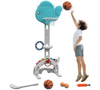 AIYAPLAY Canasta de Baloncesto Infantil 5 en 1 Canasta de Baloncesto para Niños Altura Ajustable con Temática de Pez Dorado Fútbol Golf Anilla Juego de Lanzamiento de Pelota para Interior Multicolor