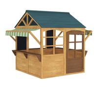 AIYAPLAY Casita de Juegos Infantil de Madera con Ventanas Pizarras Tejado y Toldo 173x117x144 cm Madera Natural