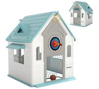 AIYAPLAY Casita Infantil de Juego Exterior e Interior 5 en 1 con Lanzamiento de Aros Baloncesto Fútbol Dardos para Niños +2 Años Beige Aosom España