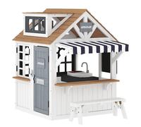 AIYAPLAY Casita infantil de madera para exterior, casa infantil exterior con gatera, utensilios de cocina, banco y timbre, blanco